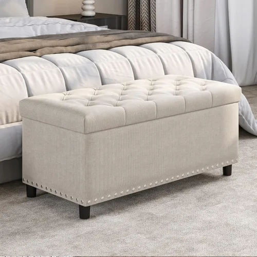 Miniatura 6 de BELLEZE Otomana de almacenamiento, otomana copetuda con bisagra de cierre, reposapiés para sala de estar (beige, 31 pulgadas)