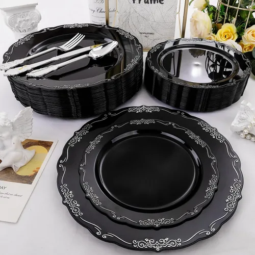 Miniatura 3 de DaYammi 150 platos de plástico negro plateado y cubiertos de plástico plateado, platos desechables de plata negra para incluir 30 platos llanos, 30