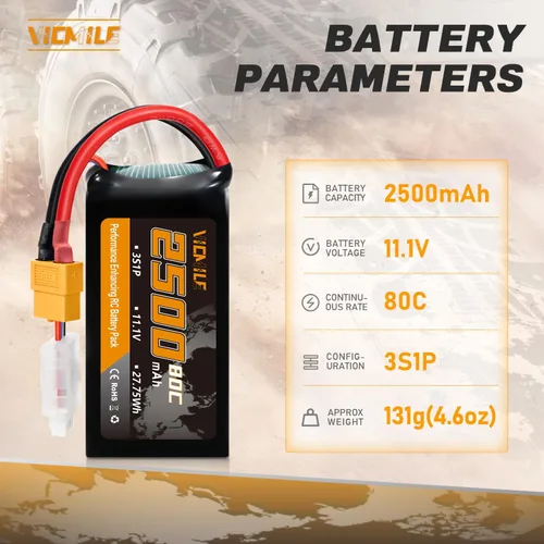 Miniatura 2 de 3S Lipo Batería 2500mAh 11.1V 80C Alta tasa de descarga Shorty Pack Baterías RC con XT60 Plug Fit para RC Avión FPV Quadcopter Helicóptero Drone