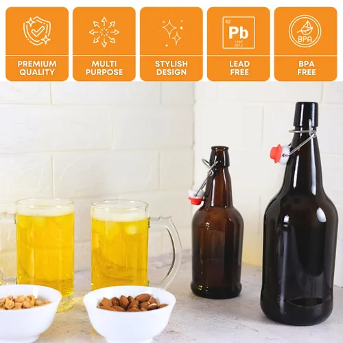 Miniatura 5 de FastRack Botellas de vidrio con tapa abatible, 33 onzas, paquete de 6, botellas de vidrio con tapa abatible ámbar para elaboración casera, bebidas