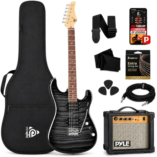 Pyle Kit de guitarra eléctrica con amplificador, instrumento de tamaño completo con pastillas Humbucker, amplificador de guitarra eléctrica y Negro