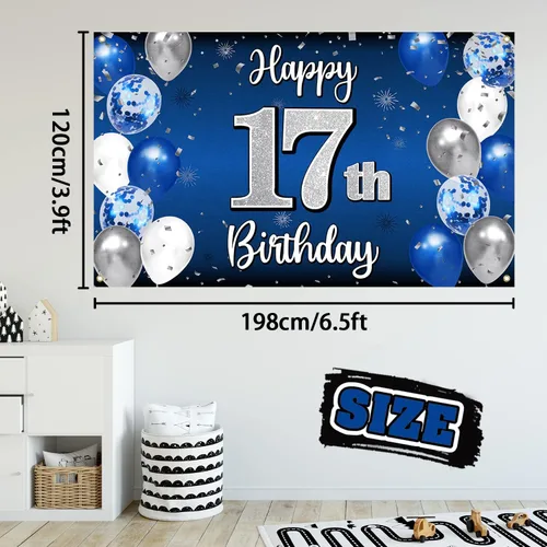 Miniatura 2 de Decoraciones de Feliz Cumpleaños 17, Globo Azul y Plateado 17 Pancarta Grande de Fondo Letrero de Cumpleaños, Brindis por Diecisiete Años 17th