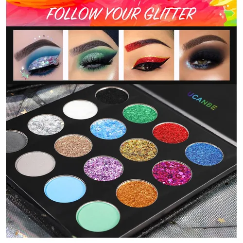 Miniatura 4 de UCANBE Paleta de Maquillaje de Sombra de Ojos con Purpurina - 12 Purpurina Gruesa y Fina Prensada para Rostro y Cuerpo + 4 Sombra de Ojos en Polvo