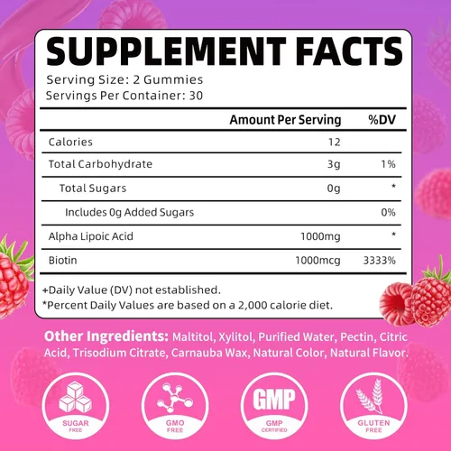Miniatura 2 de Gomitas de ácido alfa lipoico de 1000 mg con biotina, suplemento de ALA masticable de alta absorción para antioxidantes, salud cerebral y apoyo