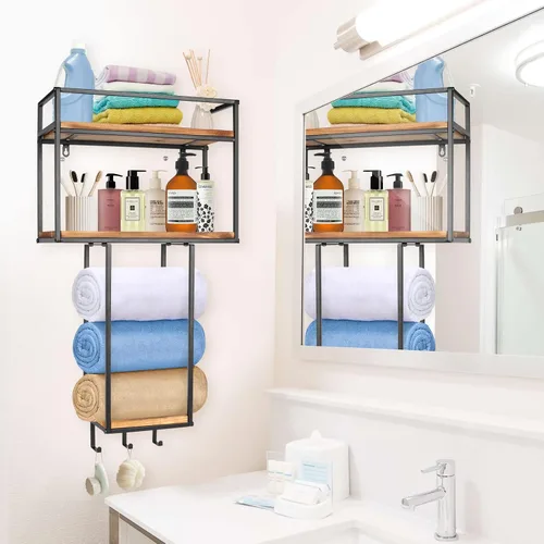 Miniatura 6 de MOUGIGI Toallero montado en la pared, diseño que ahorra espacio para baños pequeños, organizador versátil para toallas, mantas y más, ideal