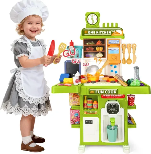 Juego de cocina para niños Mini juego de cocina para niños con estufa, sonido y luz Juguetes de cocina de simulación para niños de 3, 4, 5 años Verde