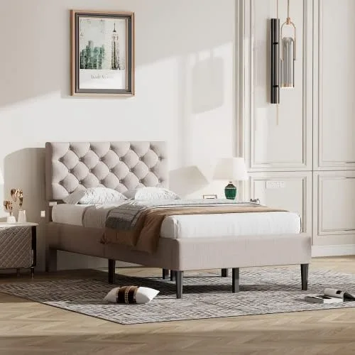 Miniatura 3 de Marco de cama de plataforma de tamaño individual, marco de cama tapizado de lino de diseño moderno con cabecera copetuda, cama de almacenamiento