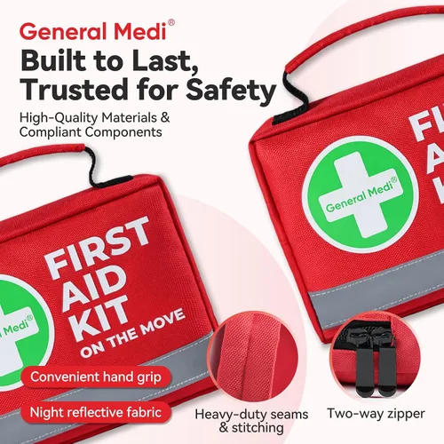 Miniatura 6 de General Medi Botiquín de primeros auxilios - 150 piezas pequeño y compacto. Incluye paquete frío instantáneo, manta de emergencia para viajes