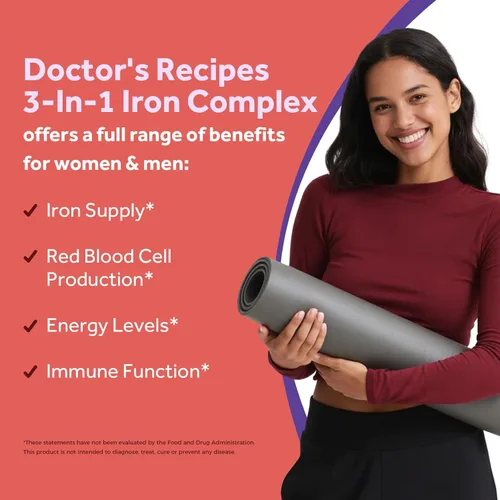 Miniatura 3 de Doctor's Recipes Suplemento de hierro para mujeres y hombres, 65 mg de sulfato de bisglicinato ferroso carbonil hierro, no estreñimiento, vitamina C