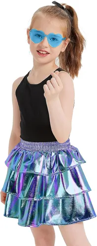 Miniatura 4 de techcity Falda metálica brillante de 3 capas con volantes para niñas, ropa de disfraz de fiesta de baile para niñas de 4 a 13 años con gafas
