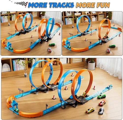 Miniatura 5 de Conjunto de Pista de Carreras de Coches LILYBUDS para Niños, Niños de 3-5 4-7 años, Pistas de Carreras con 4 Zonas de Choque y Coches de Ranura
