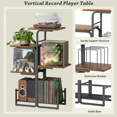 Miniatura 7 de Bikoney - Soporte para tocadiscos inspirado en jardineras con gran almacenamiento de vinilo, mesa de tocadiscos vintage con estante para LP