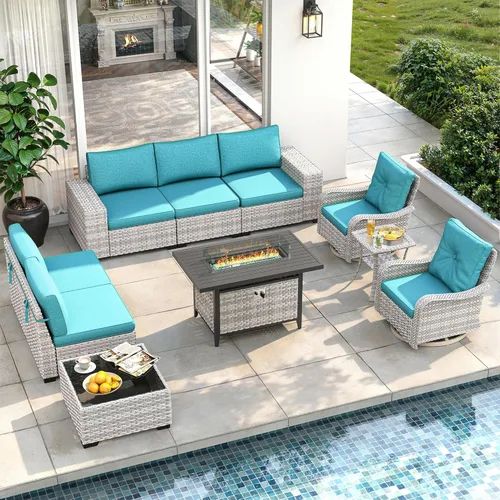 Miniatura 54 de Juego de muebles de mimbre para patio al aire libre de 3 piezas, sillas de patio giratorias mecedoras con respaldo alto con cojines gruesos de 4
