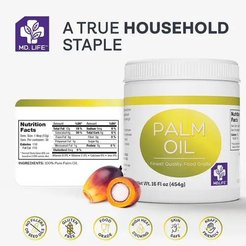 Miniatura 7 de MD.LIFE Aceite de palma – 32 onzas – Aceite de palma sostenible de grado alimenticio para cocinar – prensado en frío – Ácidos grasos y betacaroteno