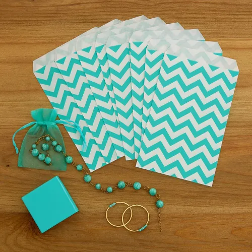 Miniatura 4 de 888 Display - 200 piezas de bolsas de regalo de papel Chevron verde azulado de 4 x 6 pulgadas, bolsas planas de ventas de compras