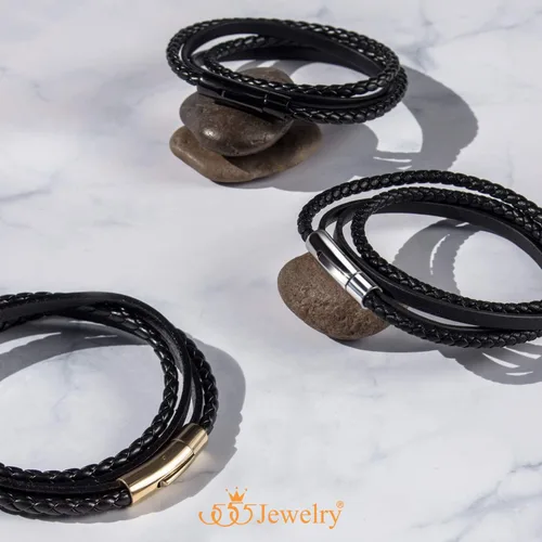 Miniatura 5 de 555Jewelry - Pulsera magnética de acero inoxidable con capas de cordón de cuero trenzado