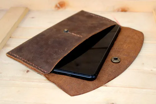Miniatura 7 de Handmade High Quality Retro Leather Multi-function Envelope Mobile Phone Card Holder Wallet