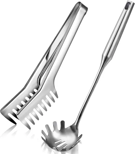 Miniatura 7 de Patelai Juego de cuchara de espagueti y pinzas para pasta, herramientas de servicio de fideos de mango largo con orificios de drenaje, agarre Negro