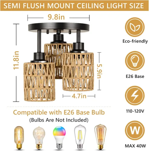 Miniatura 4 de Lámparas de Techo Bohemias de 3 Luces Montaje en Techo, Candelabro de Ratán Estilo Granja, Pantalla de Jaula Tejida a Mano Montaje Semi Empotrado