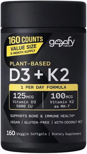 Vitamina D3 K2 deportiva con 5000iu de D3 a base de plantas y 100 mcg de vitamina K2 como MK-7, verificado sin OMG y certificado vegano, 160