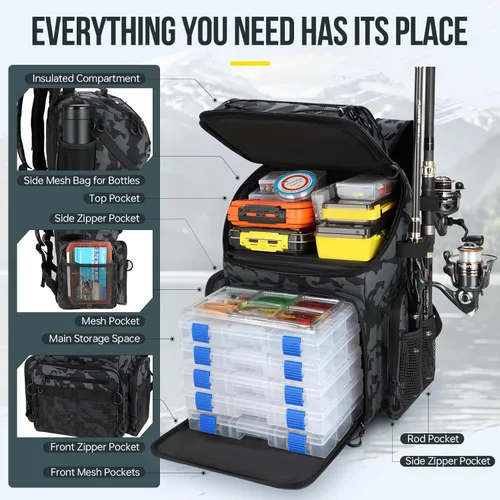 Miniatura 4 de PLUSINNO - Mochila de pesca con portacañas y enfriador de 45L, mochila grande resistente al agua para aparejos de pesca, ideal para guardar