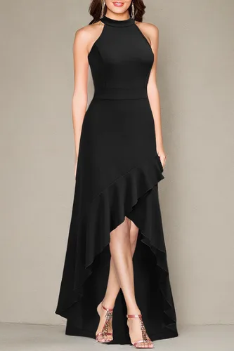 Miniatura 3 de MUSHARE Vestido largo de fiesta formal con cuello halter y volantes para mujer