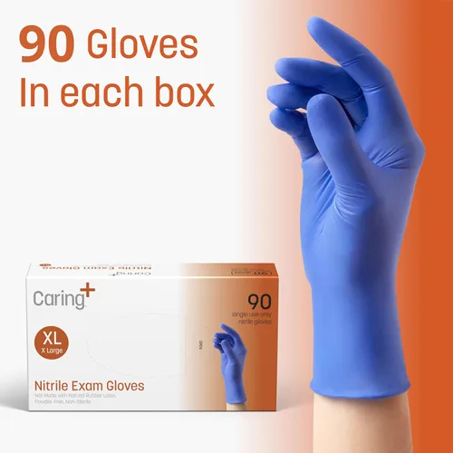 Miniatura 5 de Guantes de examen de nitrilo Caring, azules, sin polvo, guantes desechables para atención médica, primeros auxilios, limpieza, preparación