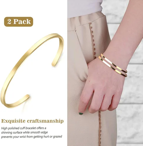 Miniatura 4 de Lolalet Paquete de 2 pulseras ovaladas delgadas para novia esposa mamá chapado en oro rosa de 18 quilates pulseras de amor para parejas acabado