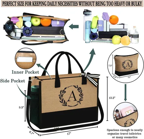Miniatura 3 de YOOLIFE Regalos personalizados para mujeres, bolsa de yute con inicial y bolsa de maquillaje, regalos de cumpleaños para mujeres, mamá, esposa