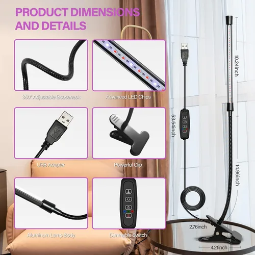 Miniatura 2 de iPower 21 Luz LED de Crecimiento con Espectro Completo para Plantas de Interior, Cuello de Cisne Ajustable, 3 Modos de Luz y 10 Niveles Regulables