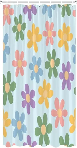 Cortina de ducha con diseño de flores retro, colorida, floral, única, pastel, margaritas, encantadoras, para mujeres y niñas, tela azul, decoración