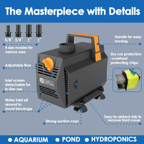 Miniatura 3 de AquaMiracle Bomba de Agua Sumergible de 600GPH para Estanque (2270L/H, 35W), Bomba de Fuente de Agua Bomba de Agua para Acuario con Control de Flujo