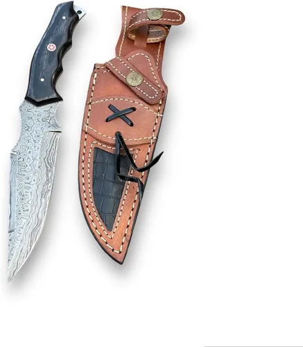 Cuchillo de caza hecho a mano de acero de Damasco con funda de cuero, cuchillos Bowie de Damasco de hoja fija forjados a mano de 10.5 pulgadas para