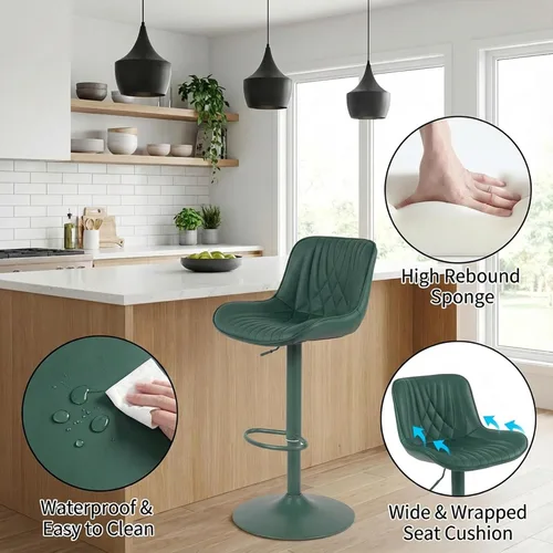 Miniatura 6 de YOUTASTE Juego de 2 taburetes de bar de piel sintética, todos los taburetes de bar tapizados de color verde oscuro con respaldo, silla giratoria