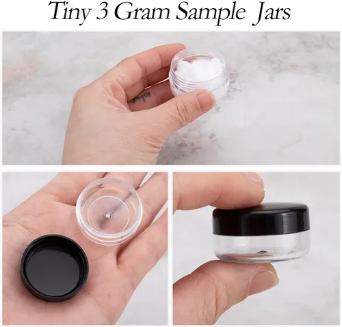 Miniatura 22 de Envases de muestra de 3 gramos con tapas, 75 paquetes de tarros de muestra diminutos con etiquetas, envases cosméticos de plástico mini para Tapa