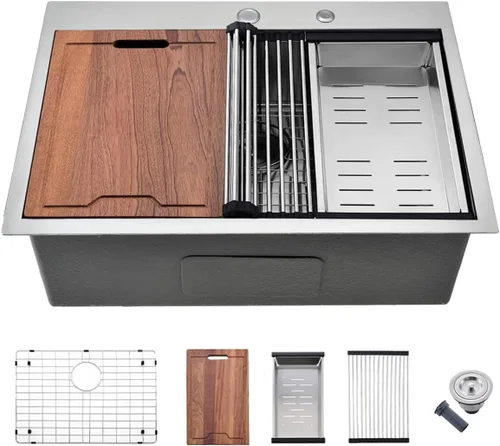 Miniatura 12 de Estación de trabajo de fregadero de cocina de 33 pulgadas - VOKIM 33 x 22 pulgadas, fregadero de cocina de montaje superior de 16 calibre, fregadero