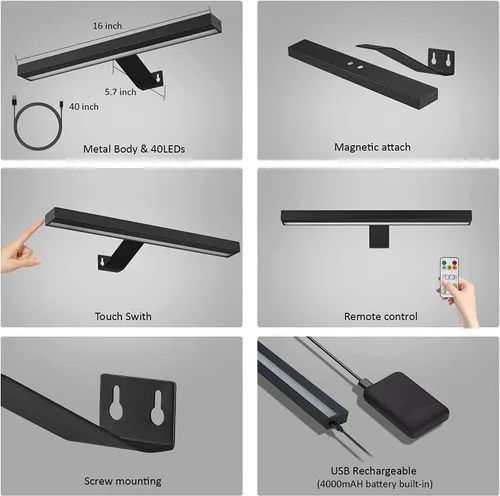 MIOBLUE Luces Inalámbricas para Cuadros con Control Remoto, Luz para Pinturas Recargable Completamente de Metal, Lámpara de Exhibición de 16" con