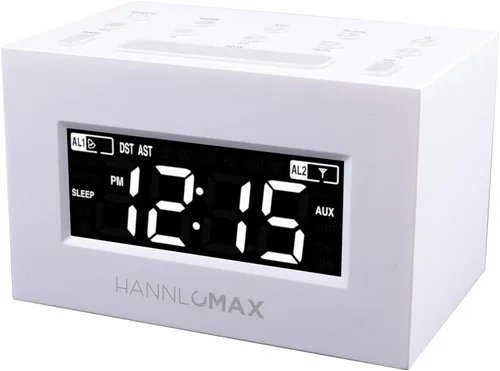 HANNLOMAX Radio despertador HX-111CR, radio PLL AM/FM, alarma dual, pantalla LED blanca, DST automático, conector auxiliar (blanco)