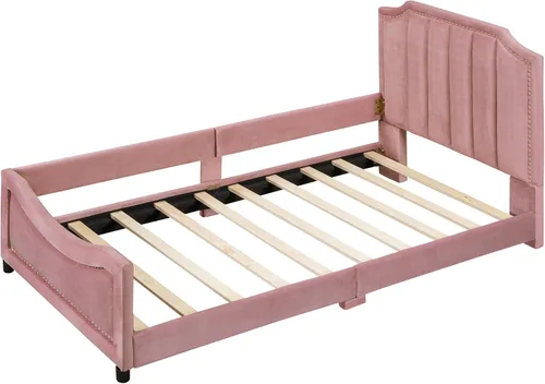 Miniatura 6 de Sofá cama tapizado tamaño individual, bonito sofá cama de cuero de terciopelo con cabecera clásica en forma de rayas, base de cama de madera
