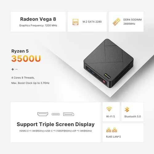 Miniatura 2 de BOSGAME E4 Mini PC, Mini Computadoras con AMD Ryzen 5 3550H, 16GB DDR4 512GB PCIe SSD, Dual RJ45, Triple Pantalla 4K, USB-C, USB 3.2, Wi-Fi 5/BT