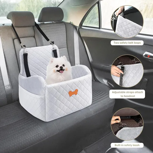 Miniatura 7 de Asiento de automóvil para perros pequeños, asiento elevador para perros con relleno de espuma viscoelástica gruesa con 2 correas de seguridad y Gris