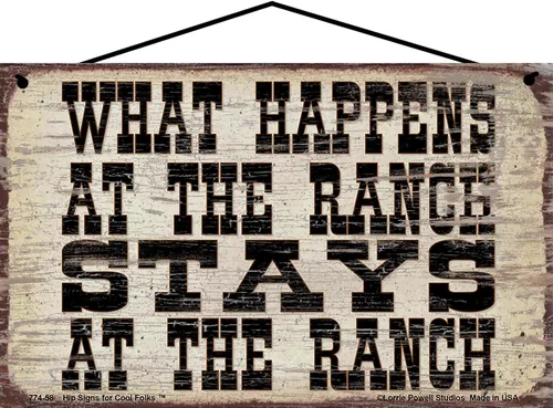 Letrero de estilo vintage de 5 x 8 pulgadas, con texto en inglés «What Happens at the Ranch Stays at the Ranch», decoración rústica divertida y