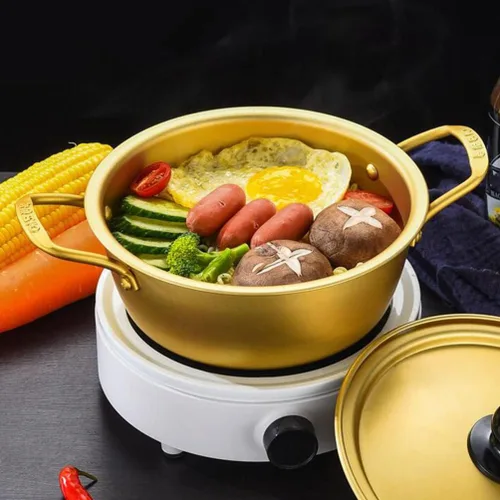 Miniatura 4 de Housoutil Olla ramen 1 juego de olla de ramen coreano con tapa, cuchara, palillos tradicionales de aluminio instantáneo Ramyun para el hogar