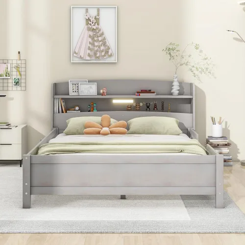 Miniatura 3 de VilroCaz Moderna plataforma de tamaño matrimonial con cabecera de almacenamiento y barandilla de seguridad para niños, plataforma de madera
