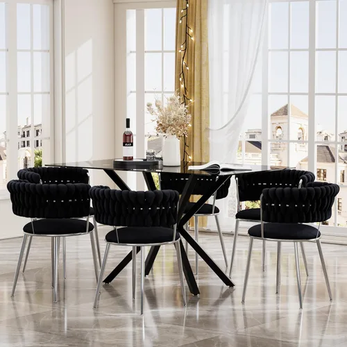 Miniatura 23 de Juego de mesa de comedor de cristal negro de 47 pulgadas para 4, juego de mesa de cocina minimalista moderno y 4 sillas de comedor de terciopelo