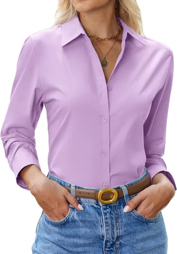 Miniatura 9 de siliteelon Camisa con botones para mujer: camisa de vestir con cuello de manga larga de algodón con botones, blusa de trabajo y oficina