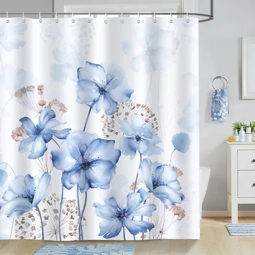 Bonhause Cortina de ducha floral azul, diseño de flores de acuarela de diente de león, decoración minimalista moderna de baño de 72 x 72 pulgadas,