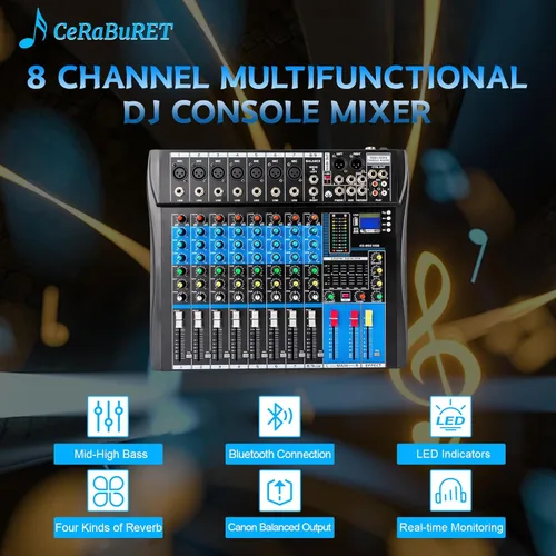 Miniatura 2 de Mezclador en vivo negro, micfuns, mezclador de sonido estéreo profesional de 8 canales, Bluetooth USB, grabación de computadora, reproducción