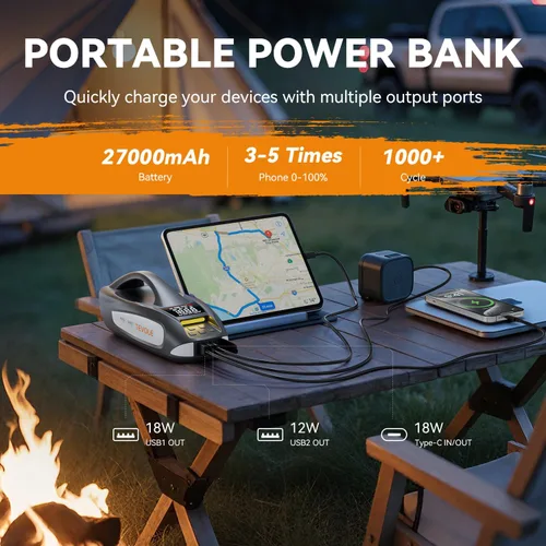 Miniatura 5 de Arrancador de 6000A con compresor de aire, arrancador de batería de automóvil portátil de 27000mAh 160PSI, paquete de batería de 12V
