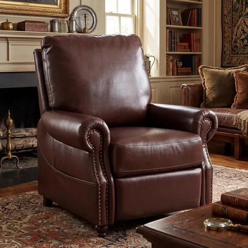 Miniatura 9 de Sillón reclinable con masaje y calefacción, silla reclinable de cuero transpirable con respaldo sobrerelleno y decoración de remaches, sofá Marrón